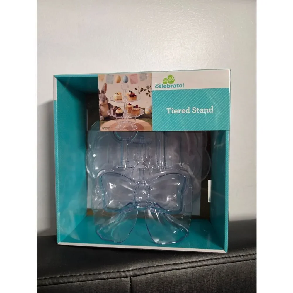 2 Tier Clear Plastic W/Bow Cupcake & Sweet Treats Stand ~ Easy Assembly NEW